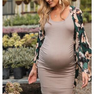 Pink blush Mocha ribbed Ruched Sleeveless Maternity Dress